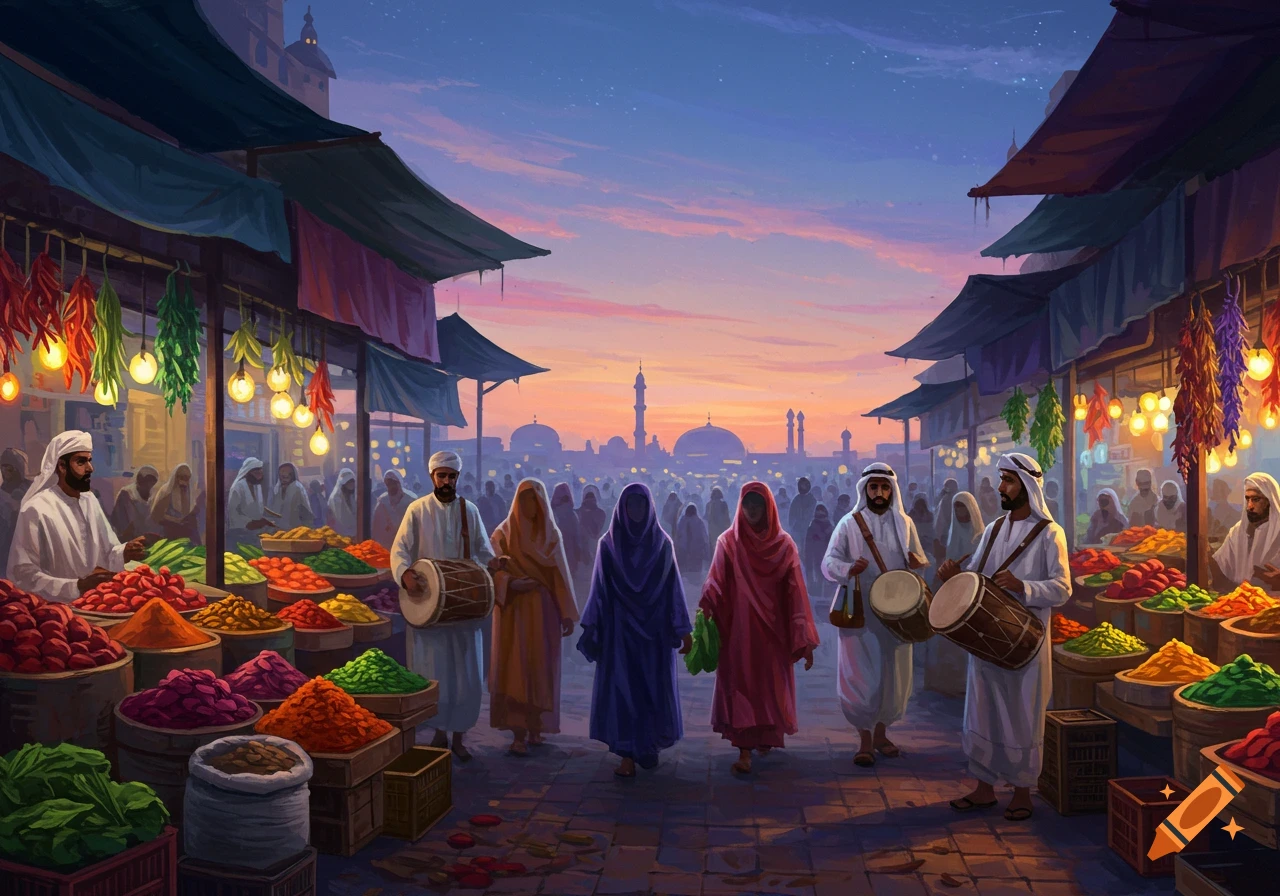 Vibrant illustration of a bustling Middle Eastern market at dusk, with people in traditional clothing, colorful spice stalls, and a city skyline.