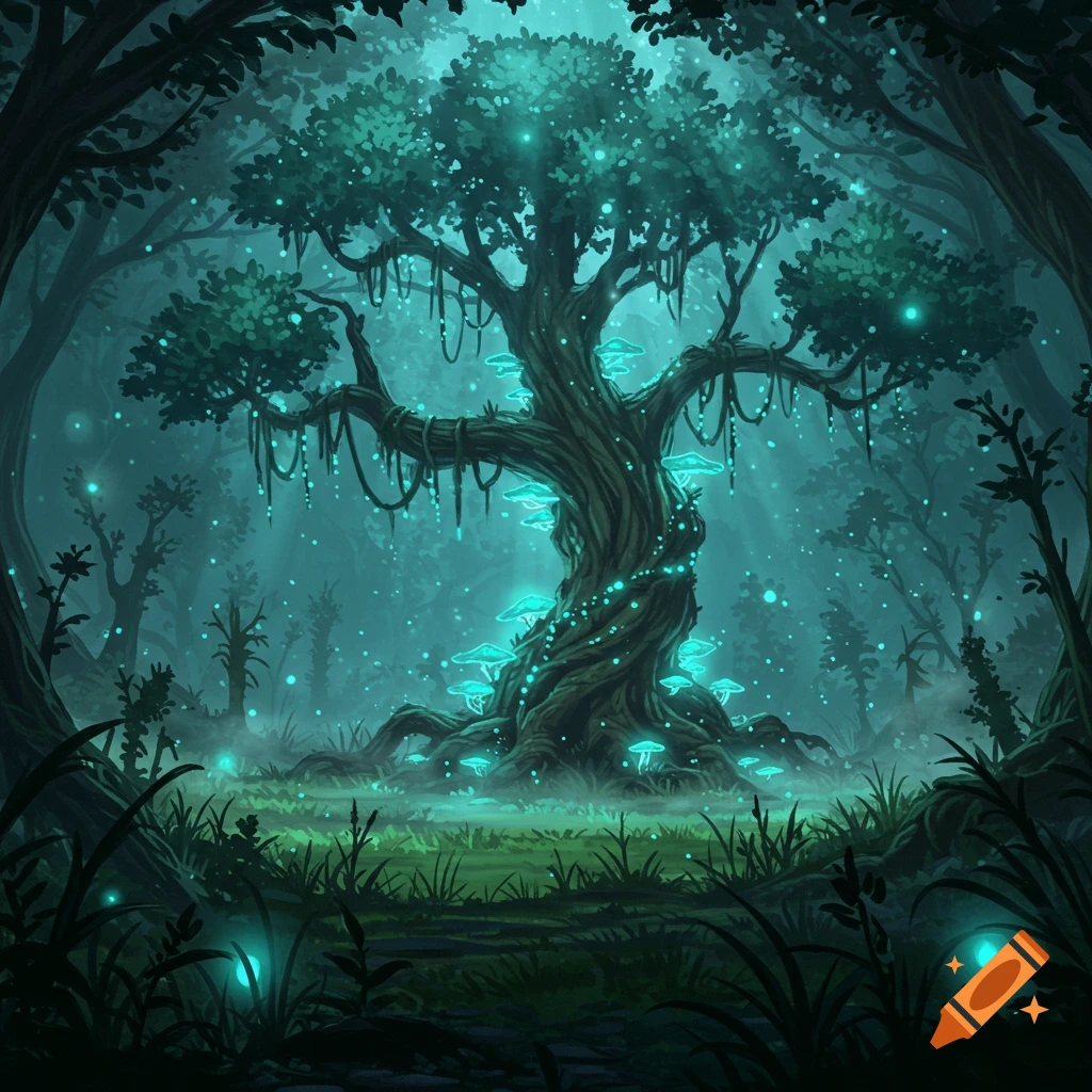 A large, ancient tree with glowing blue mushrooms and lights in a dark, mystical forest at night, digital painting.
