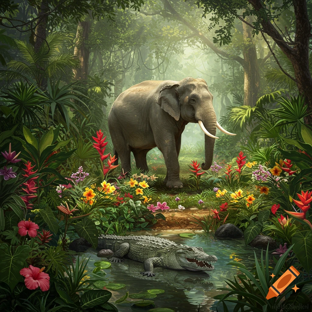A photorealistic depiction of an elephant standing in a lush, vibrant jungle with many colorful flowers, and a crocodile lurking in a small pond.