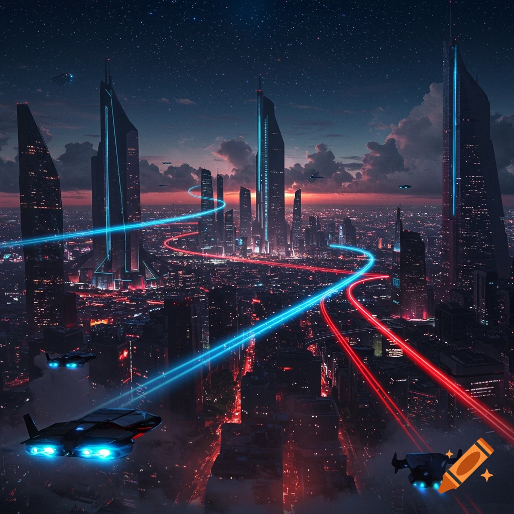 Vibrant, futuristic cityscape at night with towering skyscrapers, glowing blue and red light trails, and flying vehicles under a starry sky.
