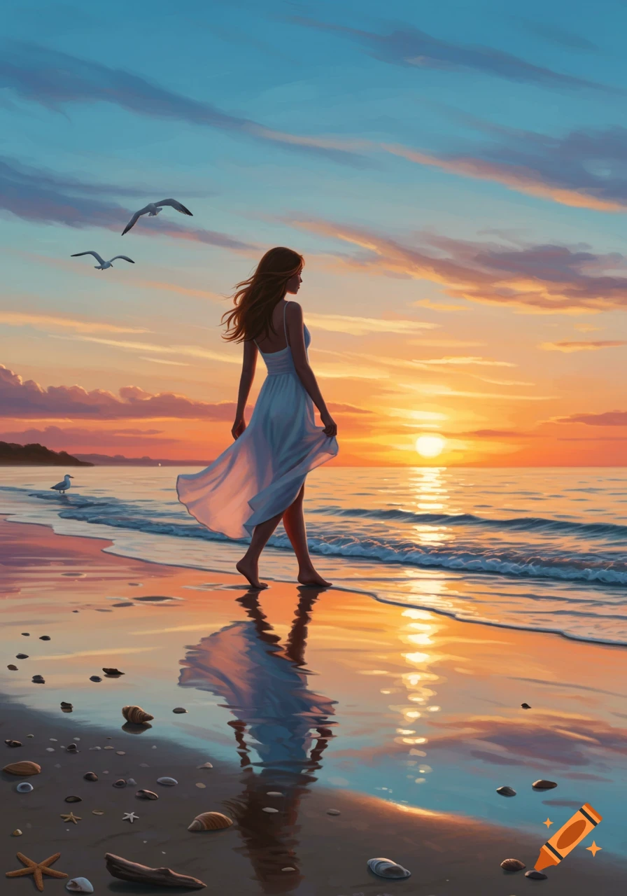 A woman in a white dress walks along a beach reflecting a vibrant sunset, with seagulls flying in the sky.