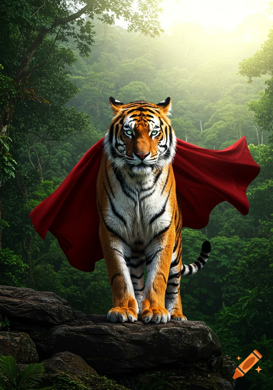 A powerful, photorealistic tiger wearing a flowing red superhero cape stands on rocks in a lush green jungle bathed in sunlight.