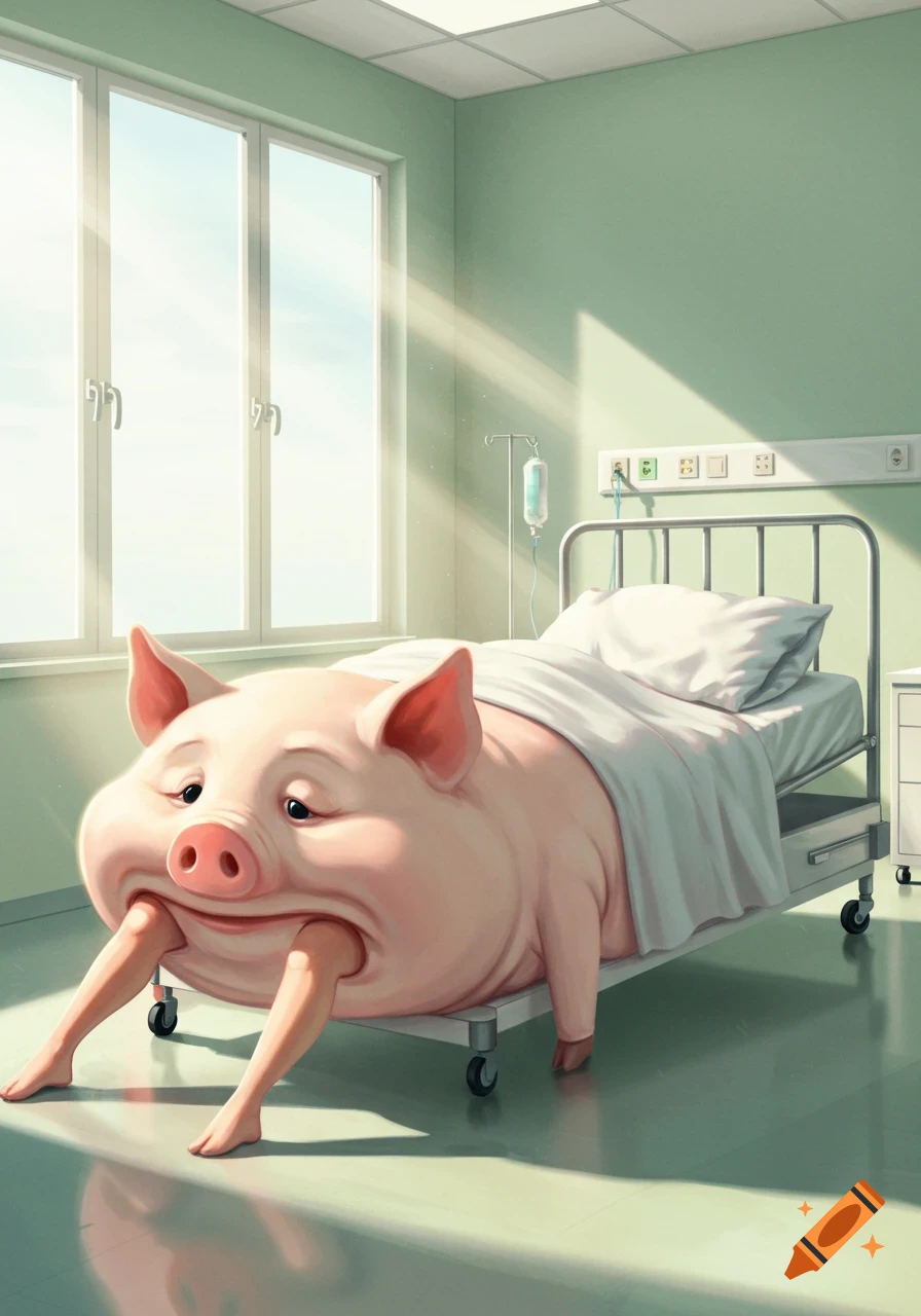 A surreal illustration of a pig's head on a human-like body in a hospital bed, with human legs emerging from its mouth.