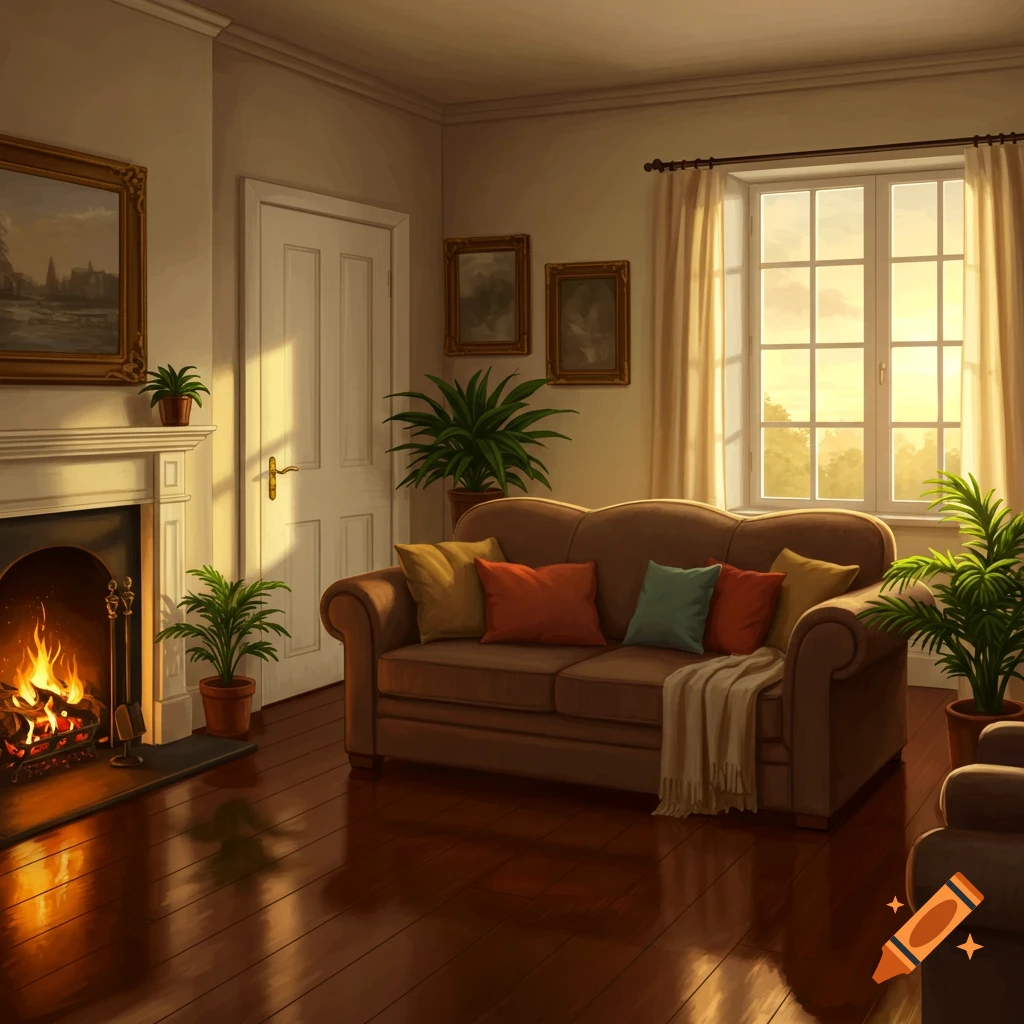 A cozy living room with a brown sofa, lit fireplace, and a large window filling the room with warm sunset light.