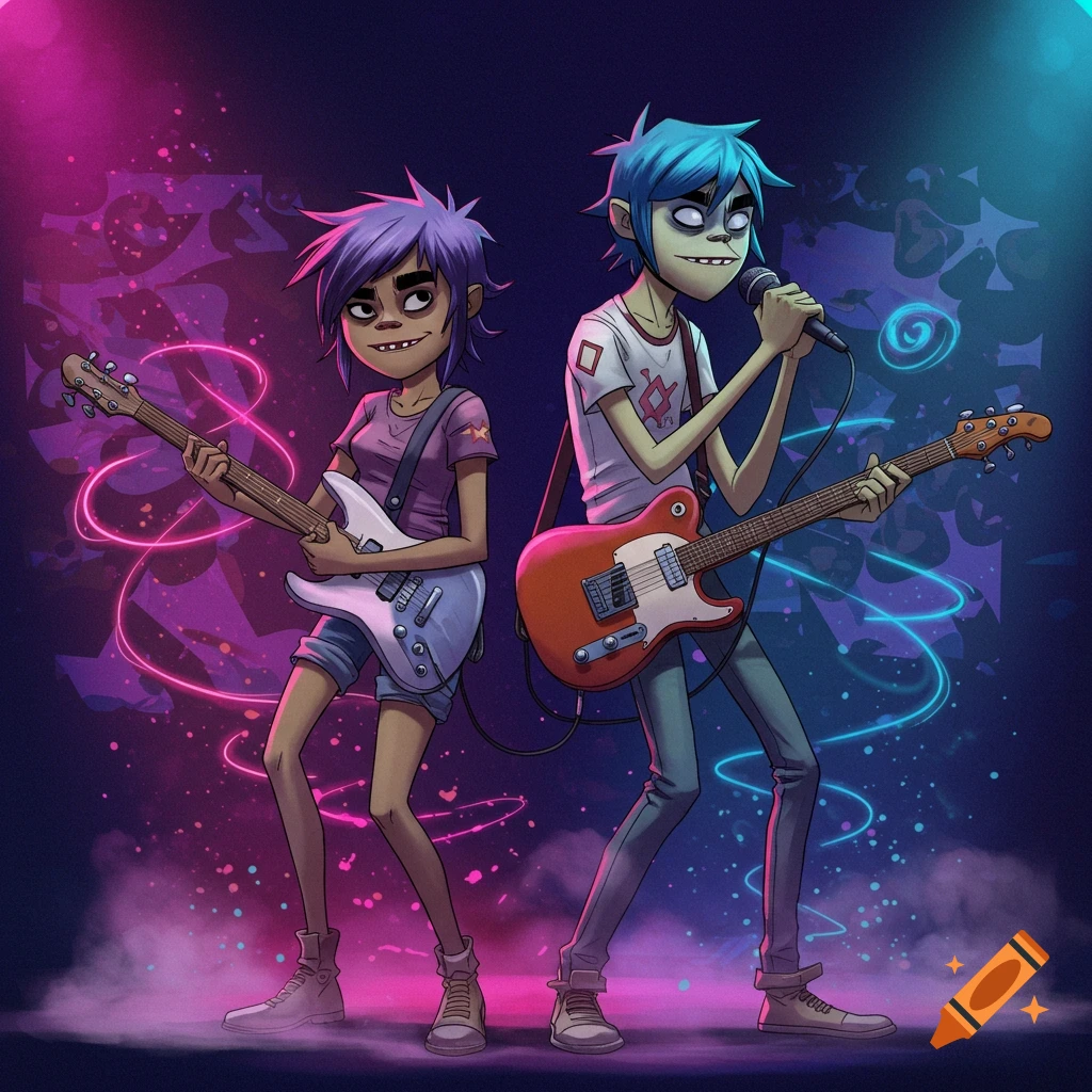 Cartoon characters Noodle and 2D from Gorillaz perform on a neon-lit stage, playing guitars and singing.