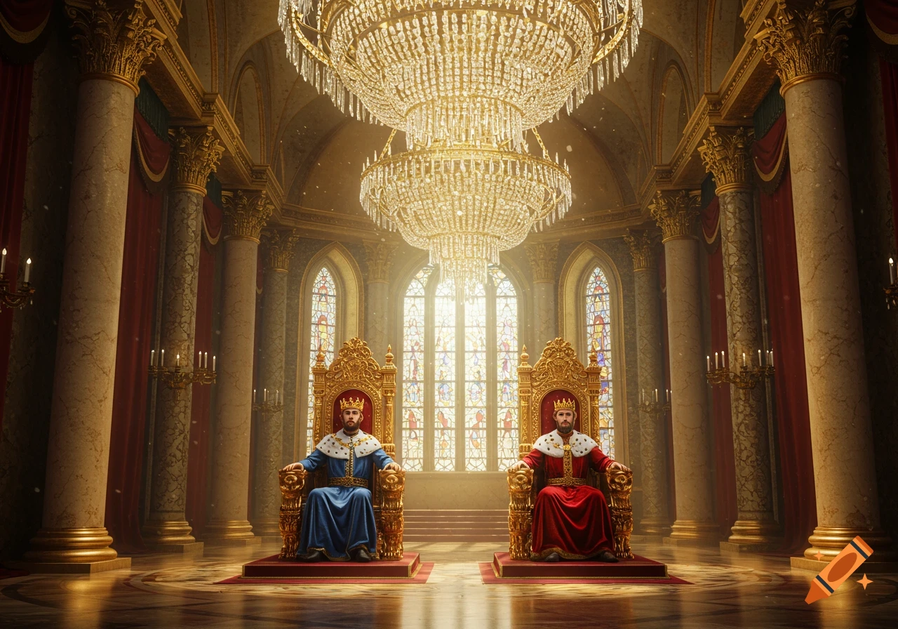 Two kings in robes and crowns sit on ornate golden thrones in a grand, sunlit palace with large chandeliers and stained glass windows.
