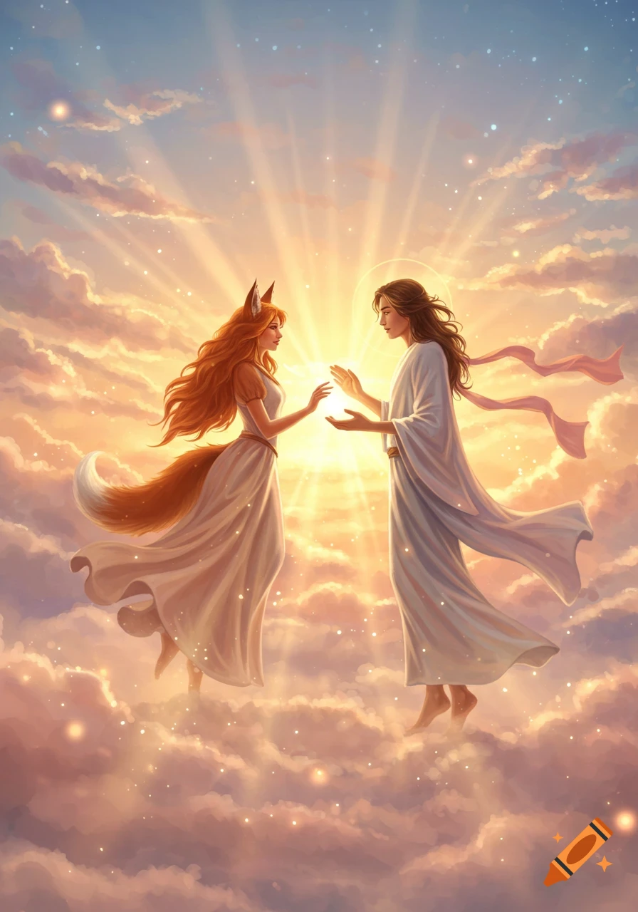 A fox-eared woman and a man in white robes meet in a heavenly sky with glowing clouds and a bright sunburst, digital painting.