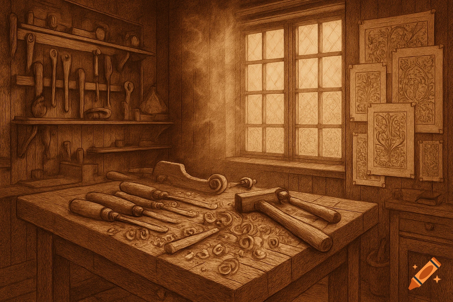 A sepia-toned sketch of a woodworking workshop, with various hand tools on a workbench and shelves, illuminated by a window.