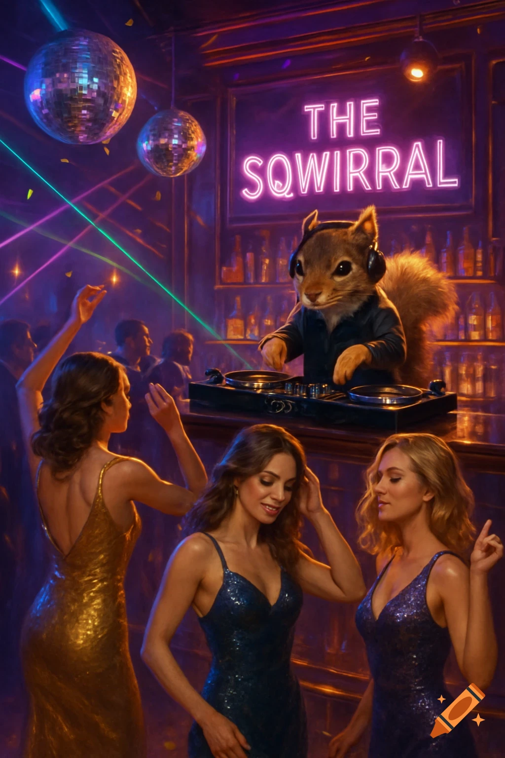 A squirrel DJ in a club called 'The Sqwirral' with neon lights, disco balls, and beautiful women dancing in the foreground.
