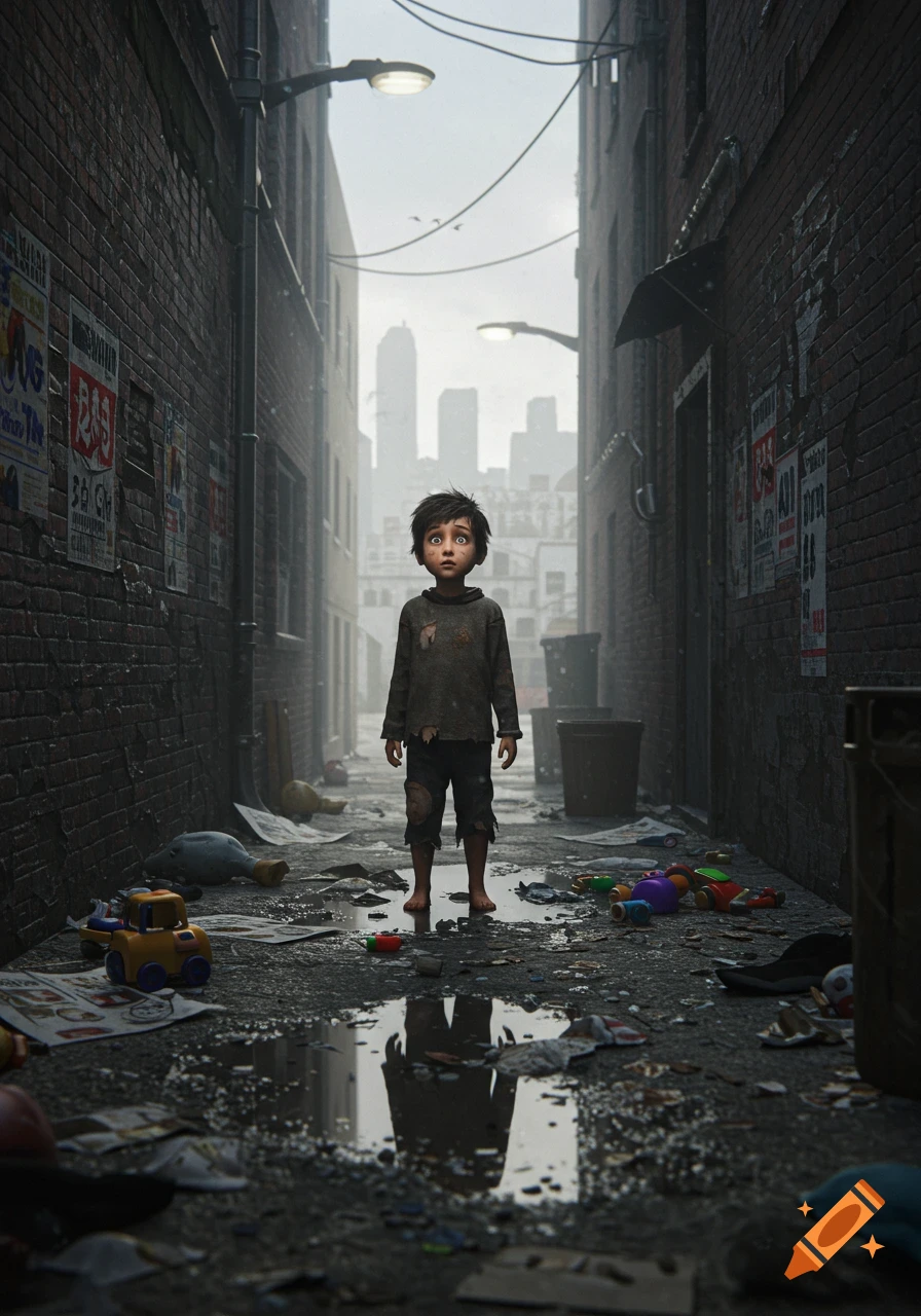 A desolate alley with a somber, ragged child standing in a puddle, discarded toys, and a distant city skyline under a grey sky. Stylized photorealistic.