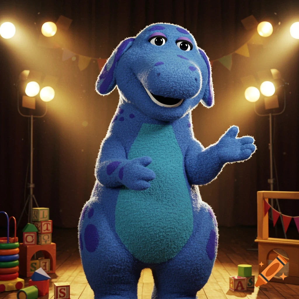 A fuzzy blue dinosaur-like character with a teal belly stands on a wooden stage with spotlights and children's toys, smiling.