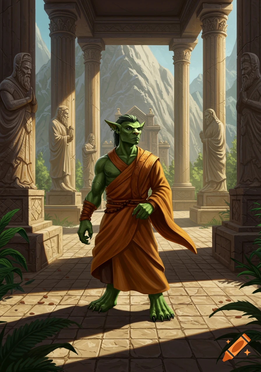 A green-skinned fantasy creature, possibly a gnoll monk, stands in ancient temple ruins with stone columns and statues, mountains in background.