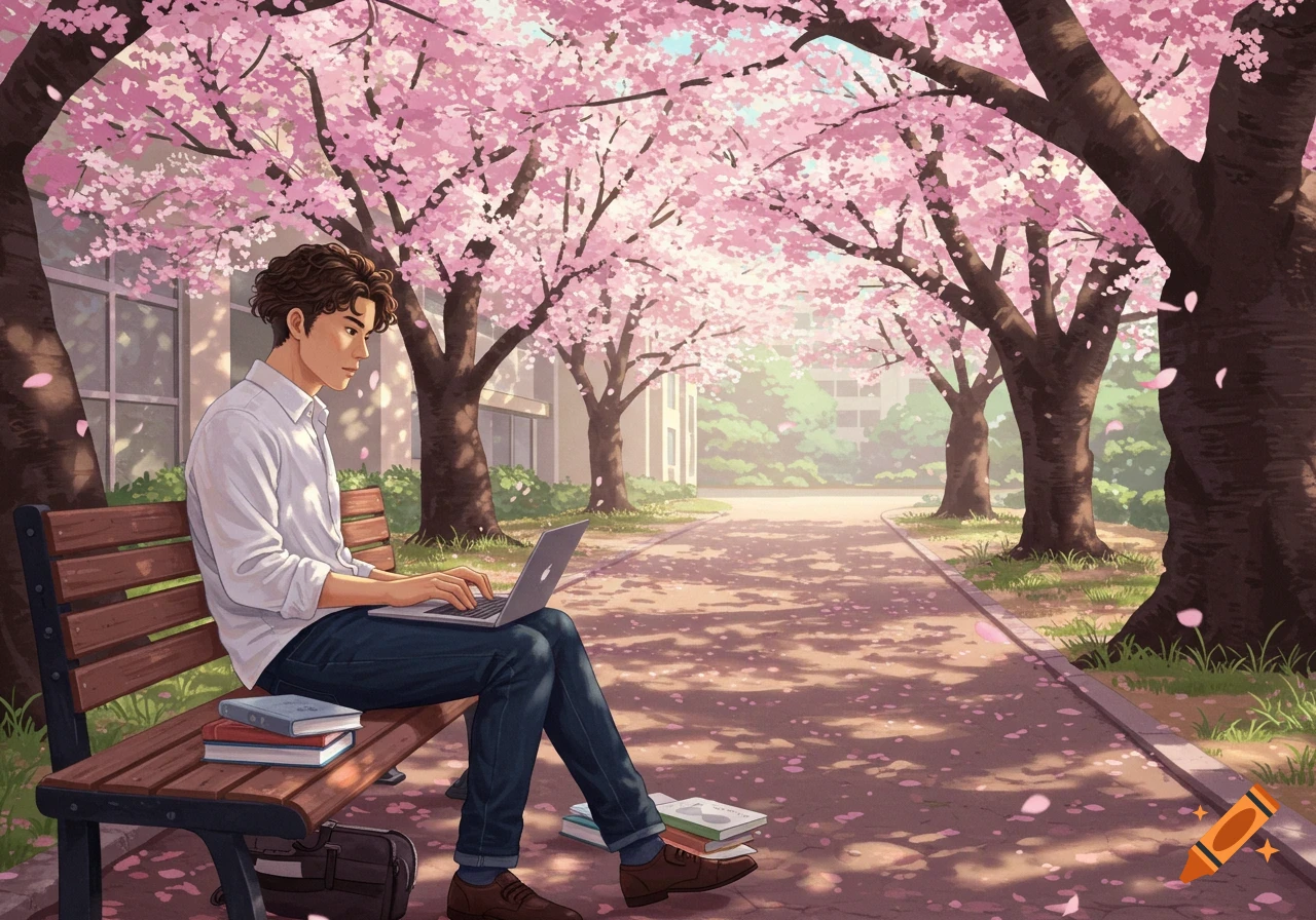 A male university student with curly hair sits on a park bench under blooming cherry blossom trees, typing on a laptop.