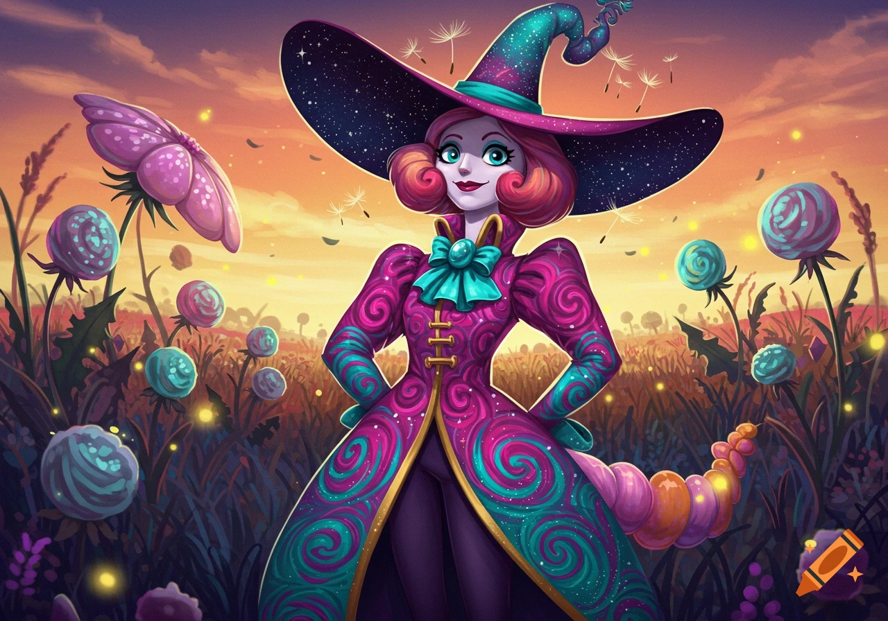 A whimsical, purple-dressed witch with a starry hat stands in a magical field with glowing plants at sunset, stylized art.