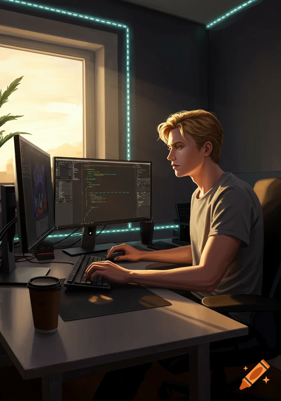 A blond man sits at a desk, typing on a keyboard, with two computer monitors displaying illegible code in an illustrative painting style.