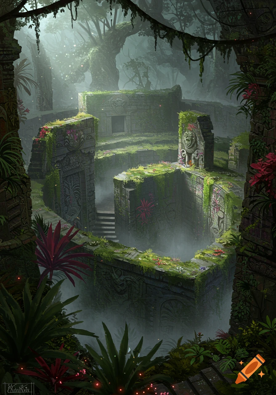 A mystical, overgrown ancient stone labyrinth in a dense, misty tropical jungle with sunlight filtering through the canopy.