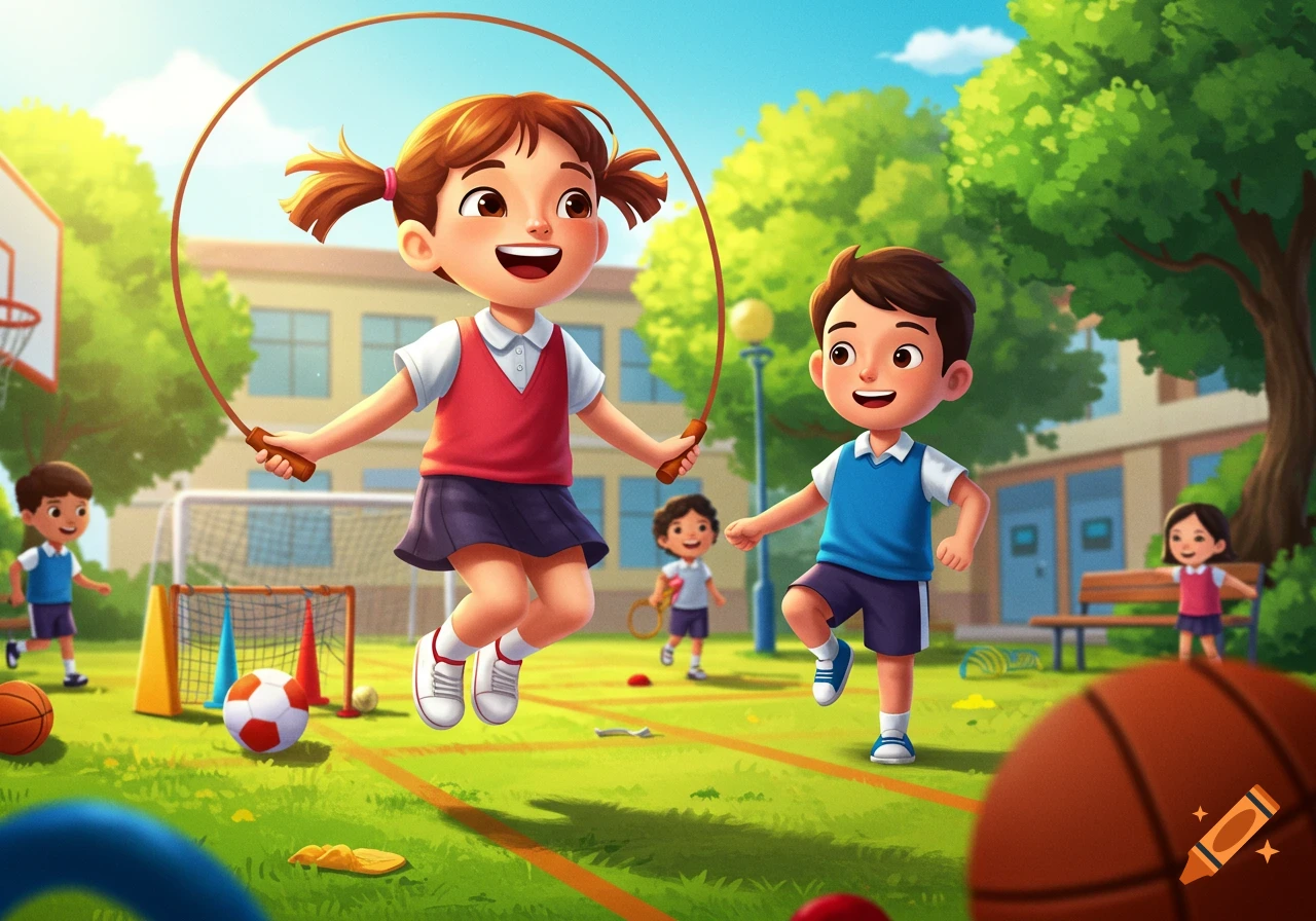 Cartoon children playing sports in a sunny schoolyard, with a girl jumping rope and a boy running.
