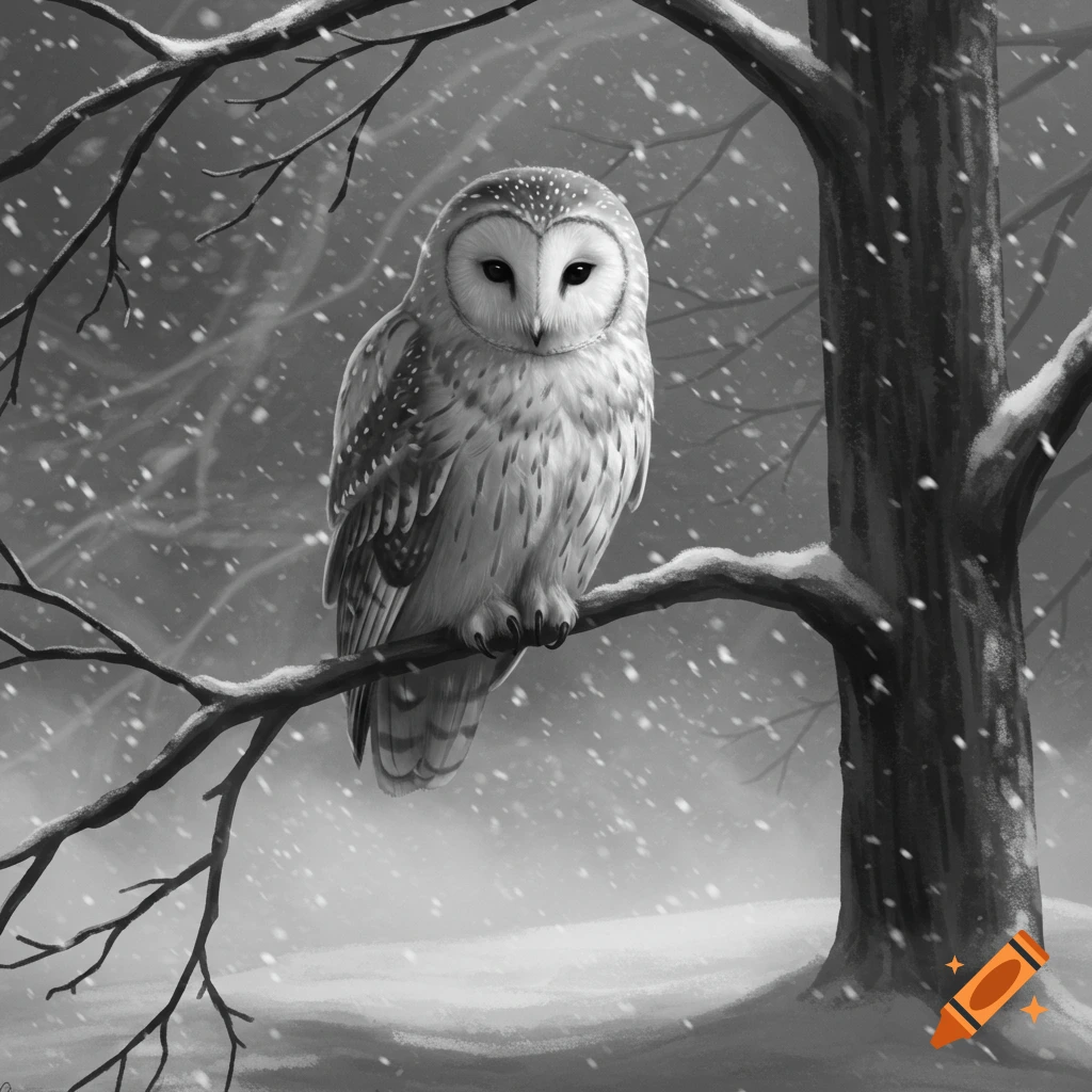 A detailed black and white illustration of a barn owl perched on a snowy tree branch in a winter forest with falling snow.