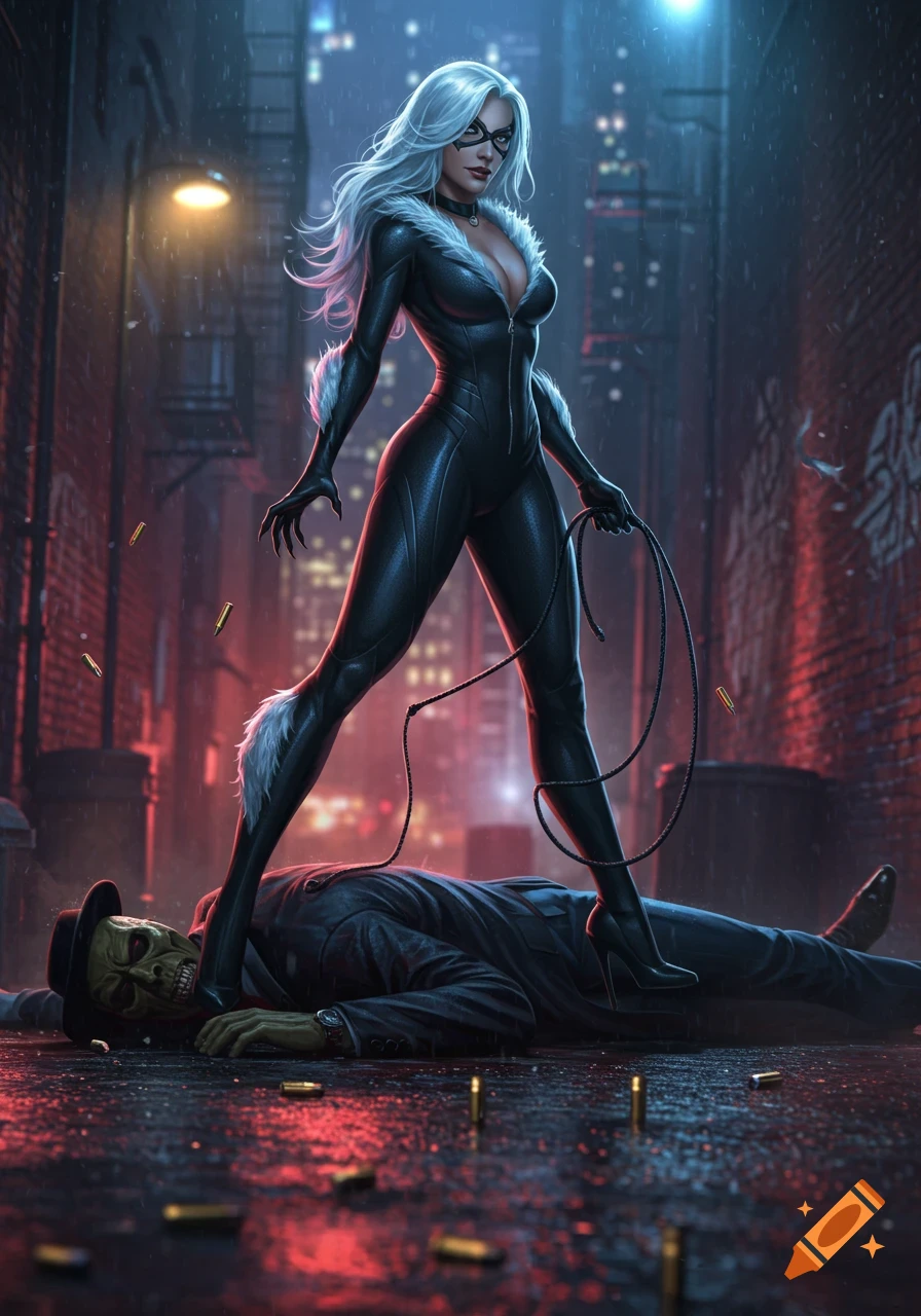 Black Cat, a superheroine, stands triumphantly on a defeated villain in a rainy Gotham alley with scattered shell casings.