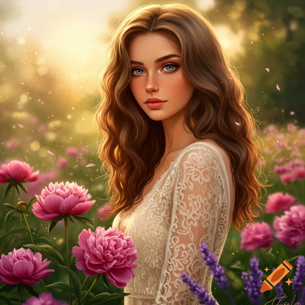 A beautiful woman with long wavy brown hair and blue eyes, wearing a white lace dress, stands in a vibrant field of pink peonies and purple lavender under warm sunlight.