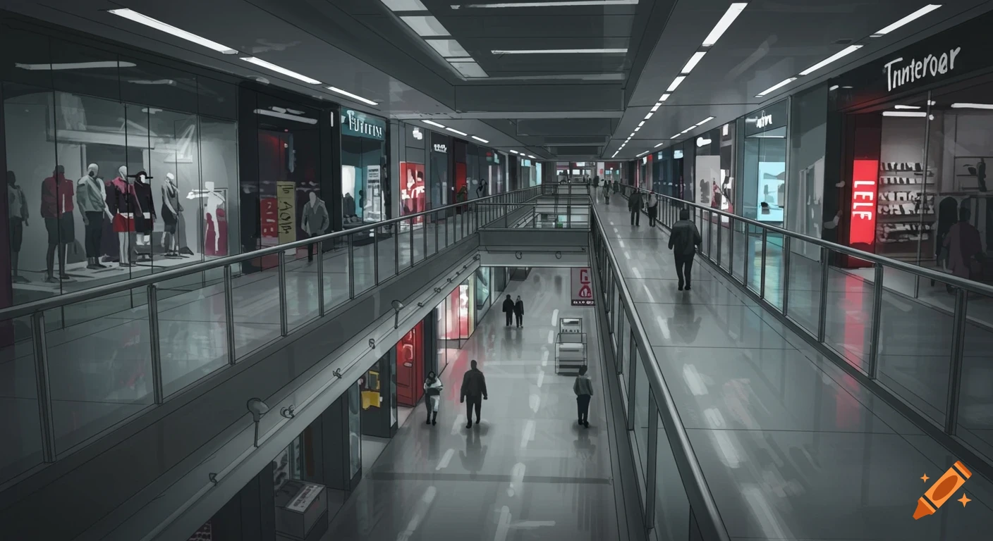 An illustration of a multi-level shopping mall with stores and several people walking around on both floors.