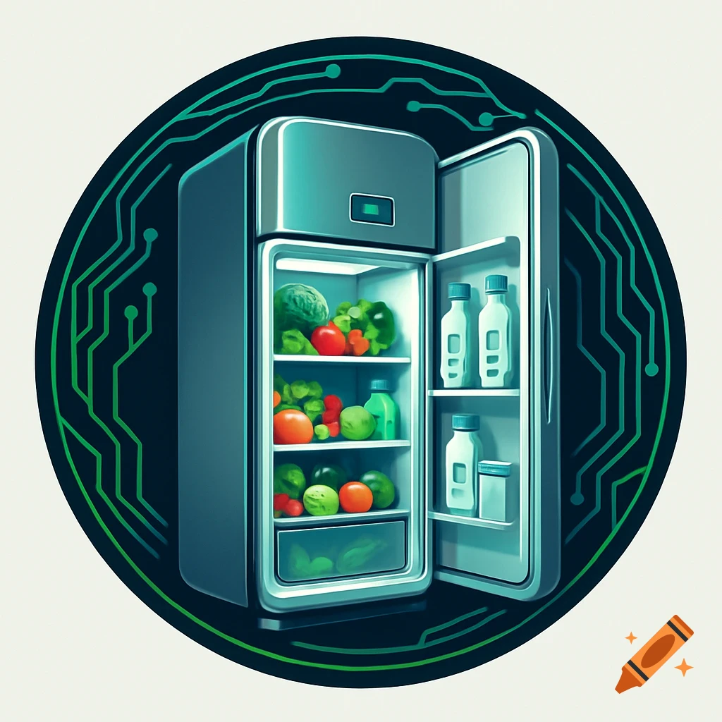 Circular logo with an open smart fridge filled with healthy food, surrounded by green circuit board patterns.
