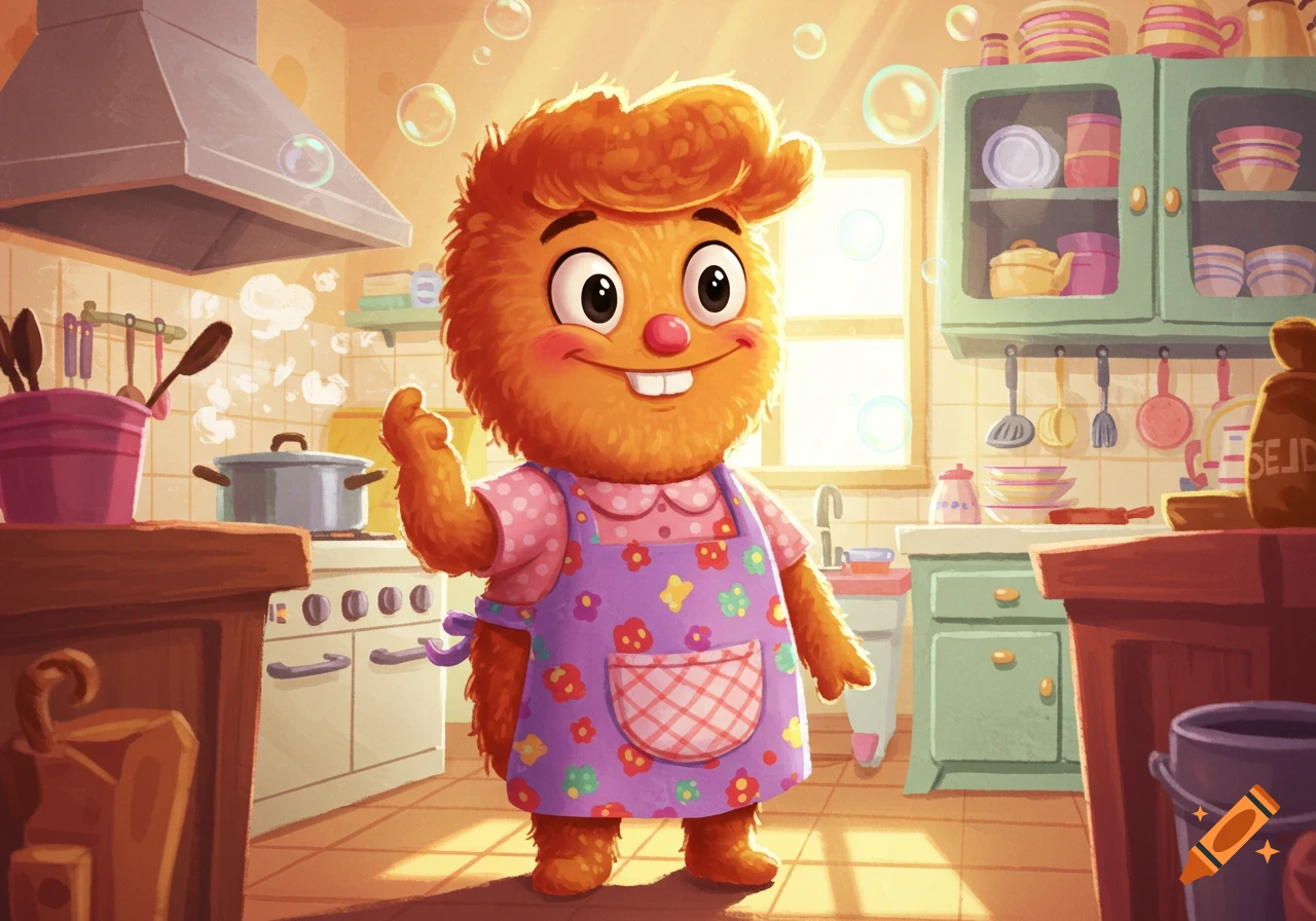 A fluffy orange cartoon monster character in a purple apron stands smiling in a brightly lit kitchen with cooking supplies.