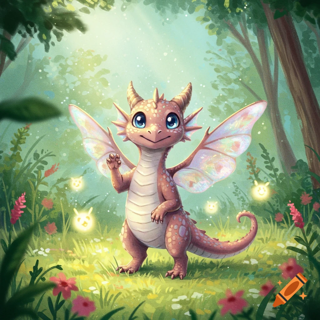 A cute, smiling baby dragon with shimmering wings waves a paw in a lush, sun-dappled forest with glowing firefly-like creatures.