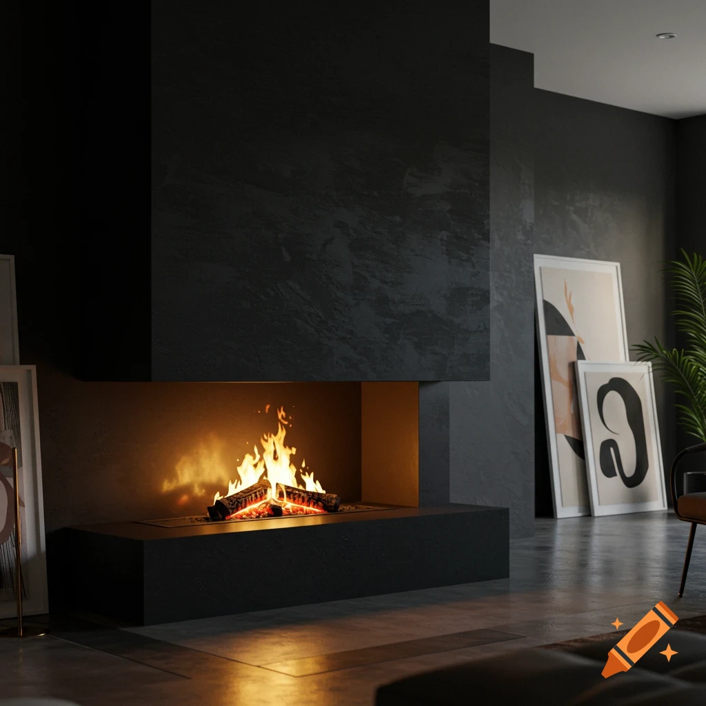 A modern living room features a sleek black fireplace with a roaring fire, flanked by abstract art and a green plant. Photorealistic style.