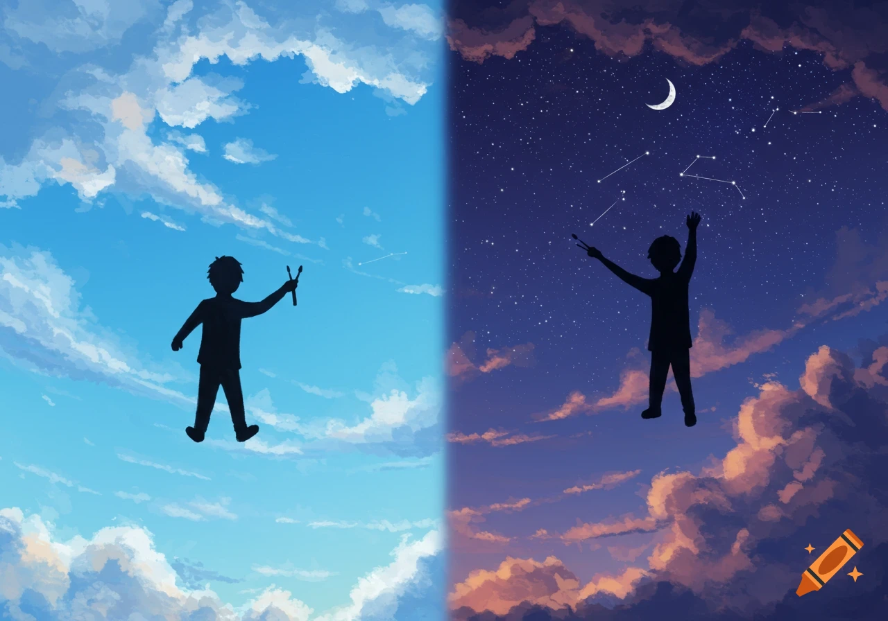 Two silhouettes paint a split sky, one blue with clouds, the other a starry night with a moon.