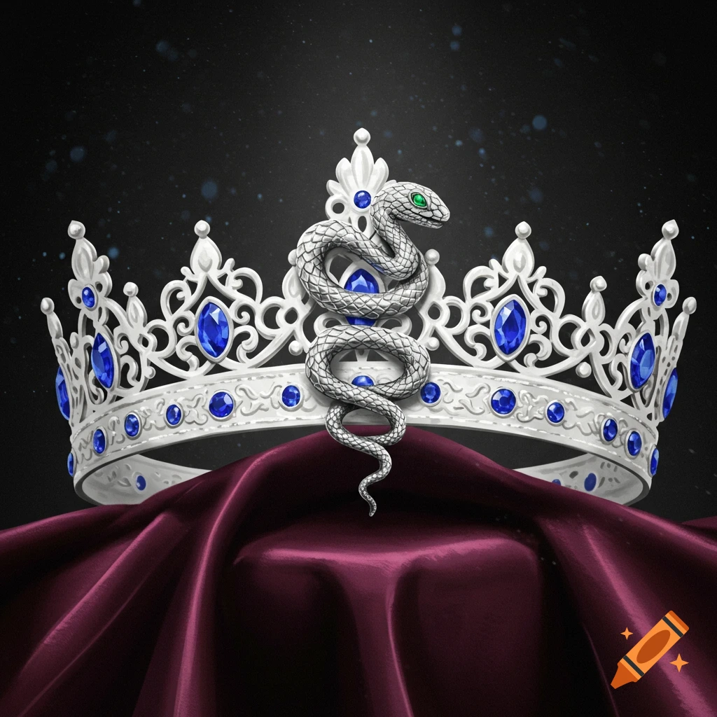 An elegant white crown adorned with vibrant blue gems and a coiled silver snake charm, resting on deep red velvet.