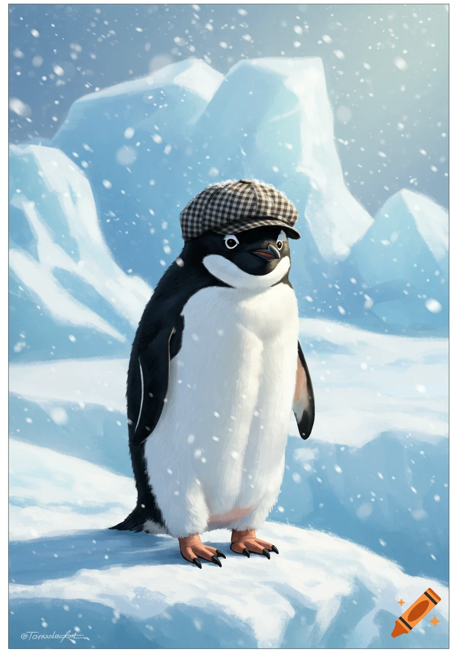 A cute cartoon penguin wearing a checkered flat cap stands in a snowy, icy landscape with falling snowflakes.