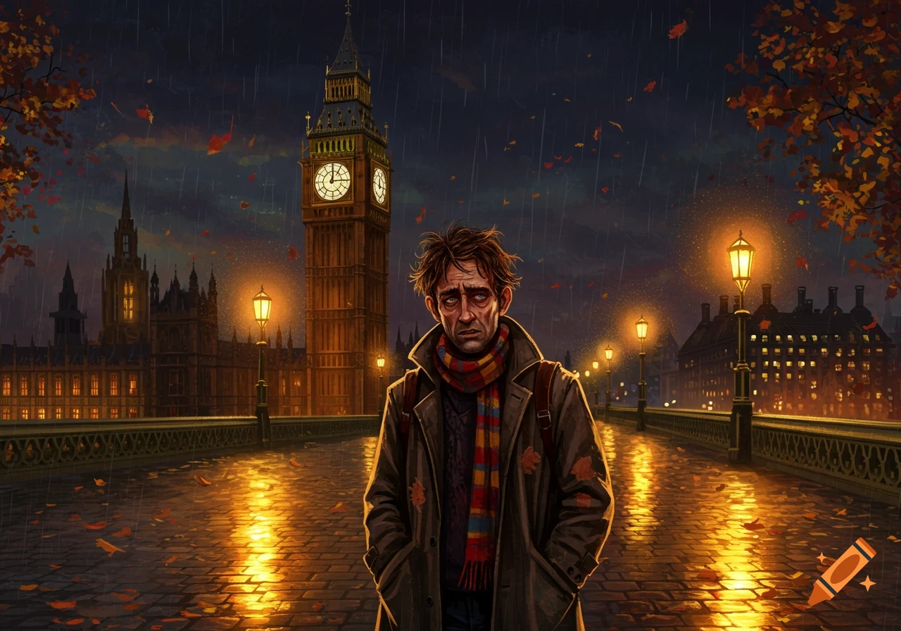 Illustrated depiction of a tired man on a rainy London street at night, with Big Ben visible in the background.