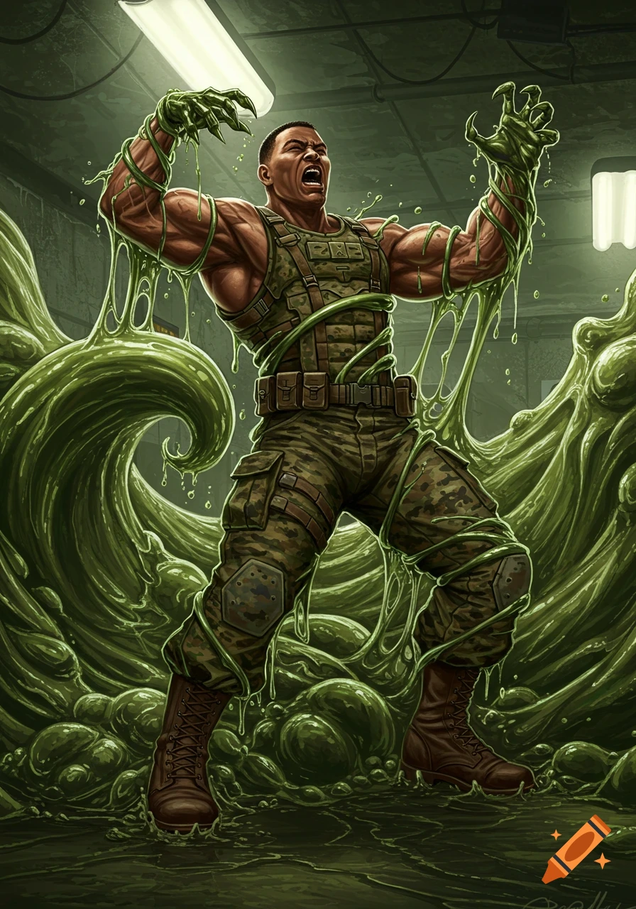 A muscular man in military fatigues screams as green, oozy slime assimilates him in a sci-fi art style.