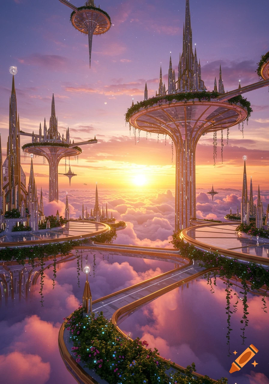 A breathtaking view of a futuristic city with tall, spired buildings and floating platforms above pink clouds at sunset.