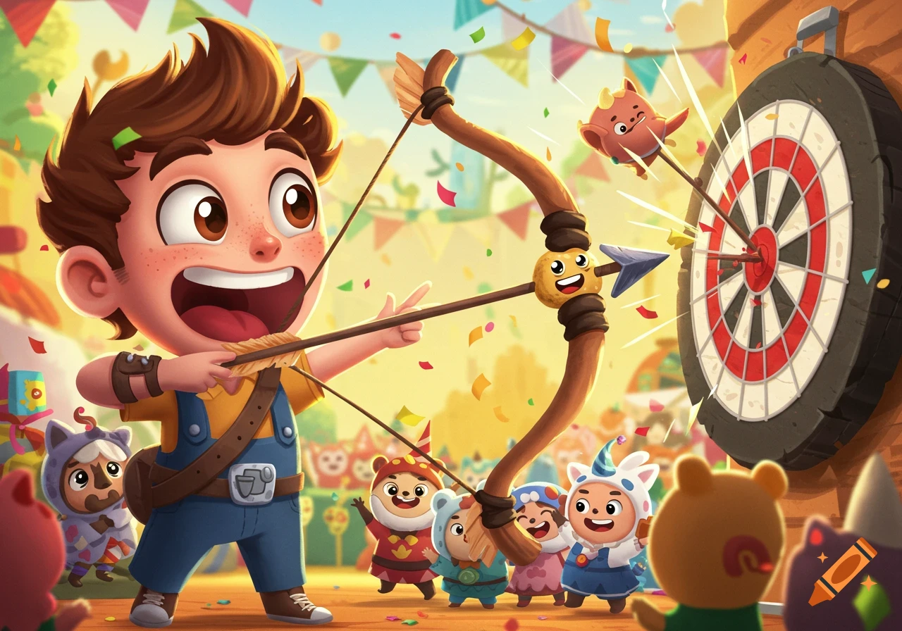 A vibrant cartoon shows a happy boy aiming a bow and arrow, celebrating a bullseye with cheering animal friends.