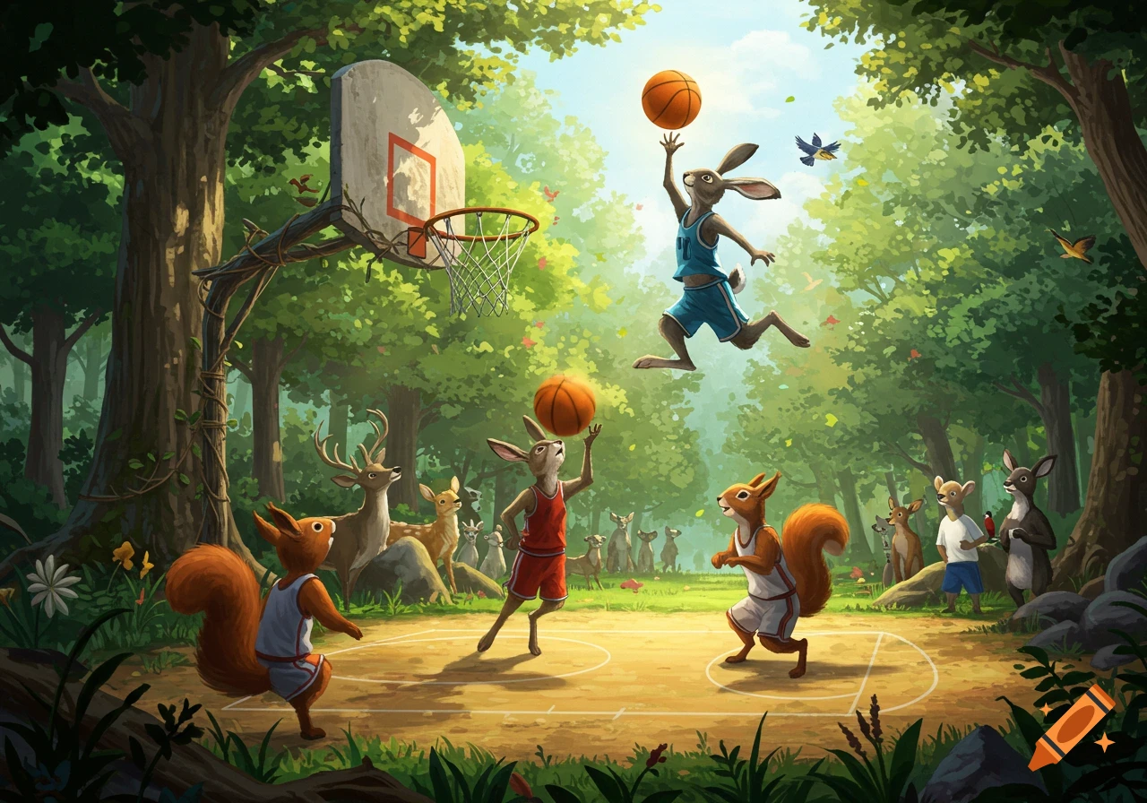 Vibrant illustration of anthropomorphic rabbits and squirrels playing basketball in a forest, with a rabbit dunking.