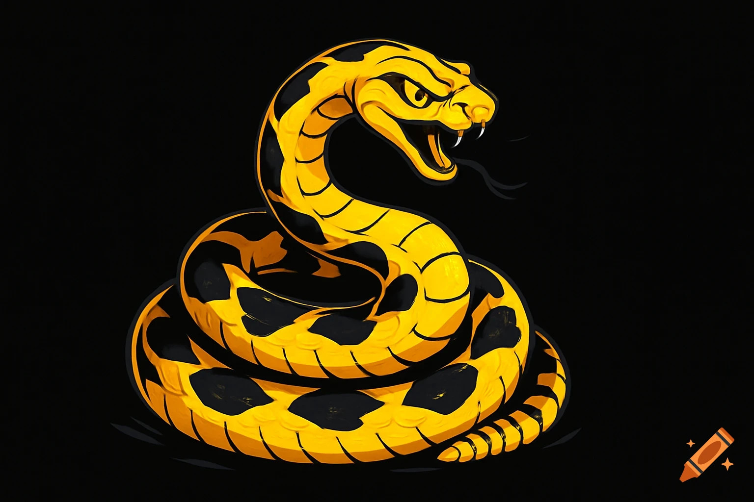 A stylized yellow and black coiled snake with fangs and a forked tongue against a black background.