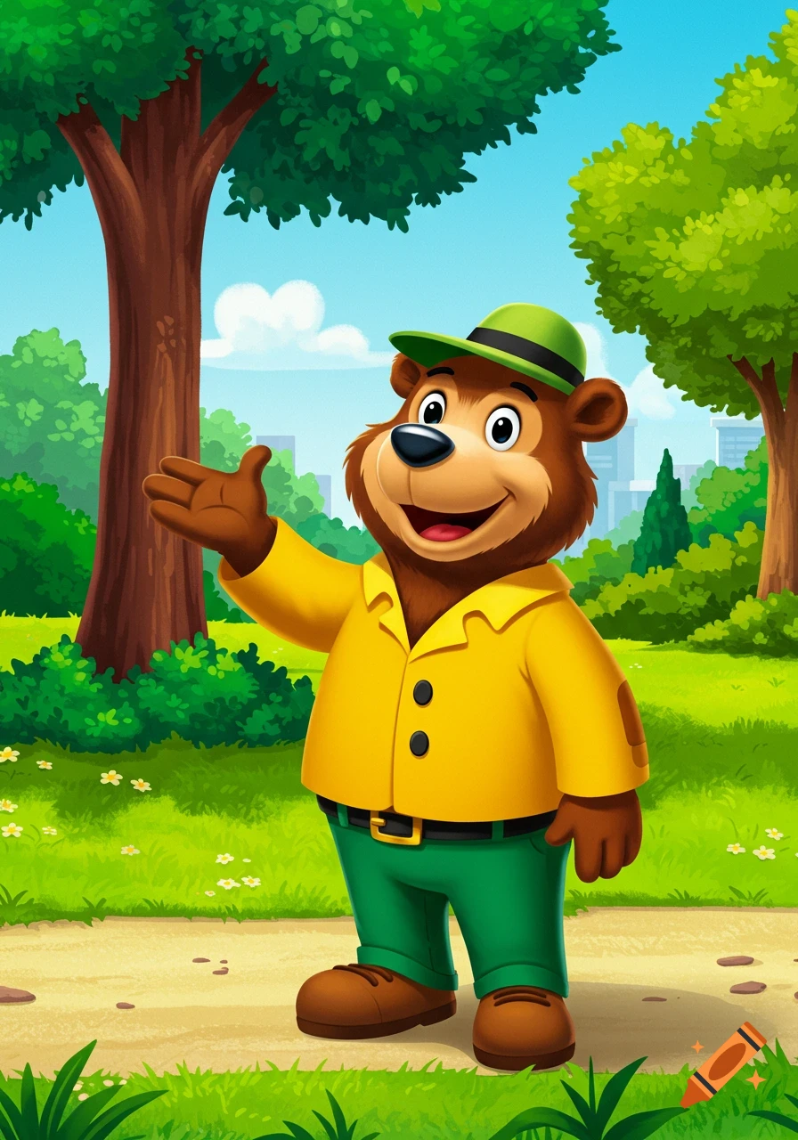 A friendly cartoon bear in a yellow jacket, green hat, green pants, and brown shoes smiles and waves in a sunny park.