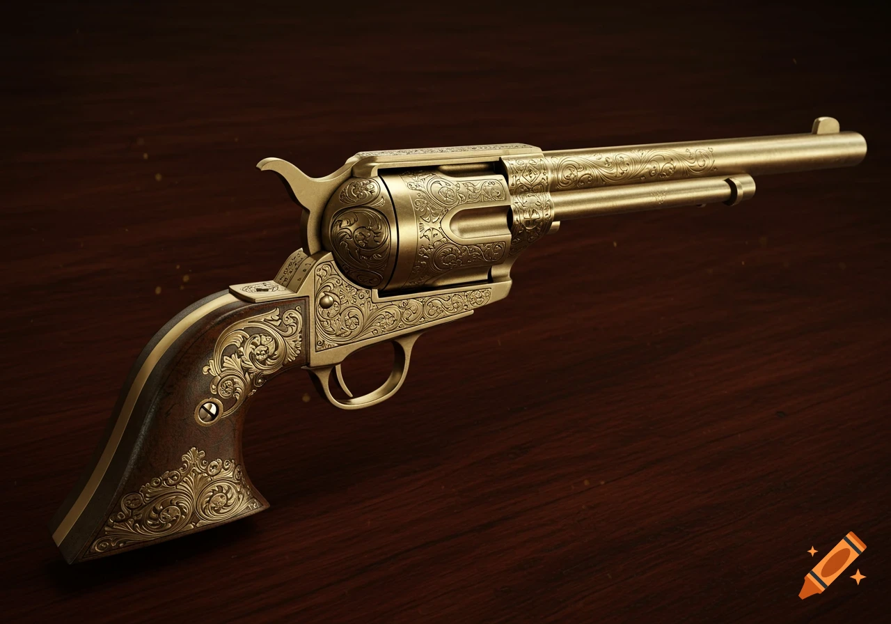 A photorealistic, ornate golden colt single-action revolver with filigree engravings on a dark wood surface.