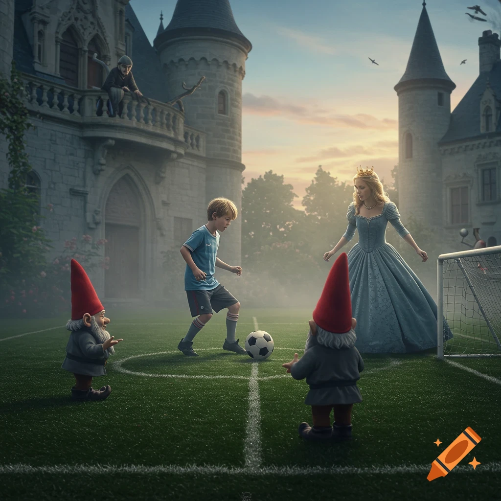 A surreal scene of a boy and princess playing soccer against two gnomes in a castle courtyard during sunset.
