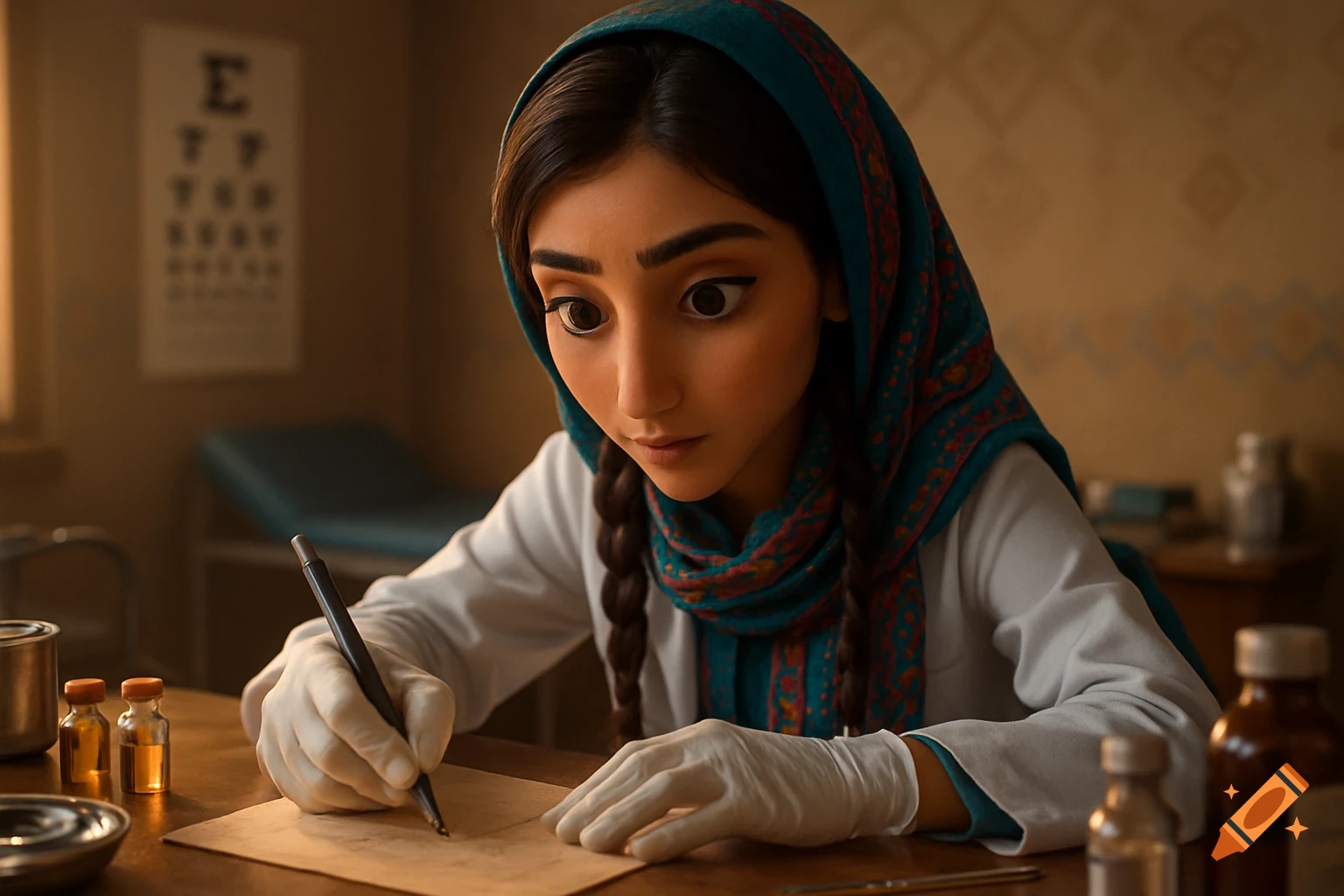 A 3D animated woman in a teal headscarf and white medical gloves writes on paper at a desk with vials, an eye chart in the blurred background.