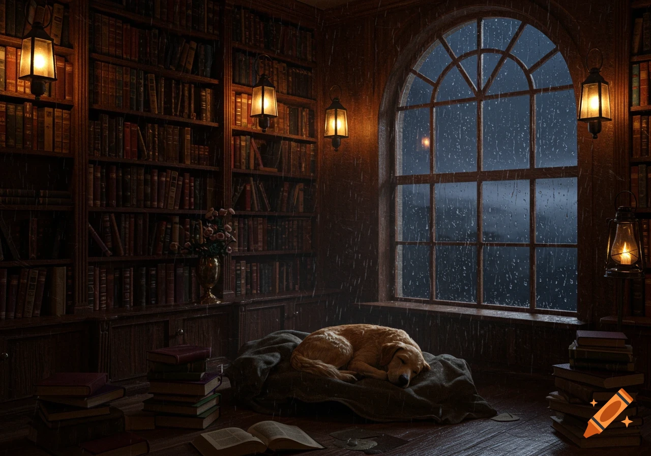 A cozy, dimly lit library with bookshelves, glowing lanterns, a rainy window, and a sleeping golden dog.