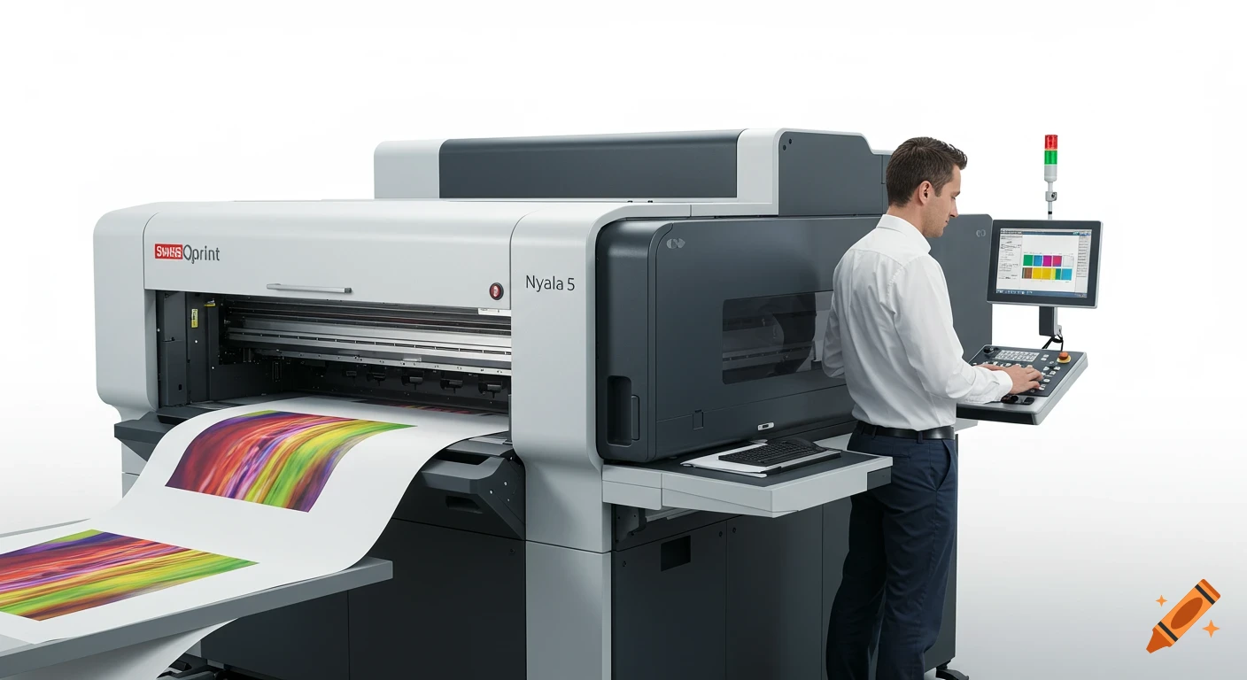 A man operates a large industrial flatbed printer, producing colorful abstract art on long sheets of paper, against a white background.