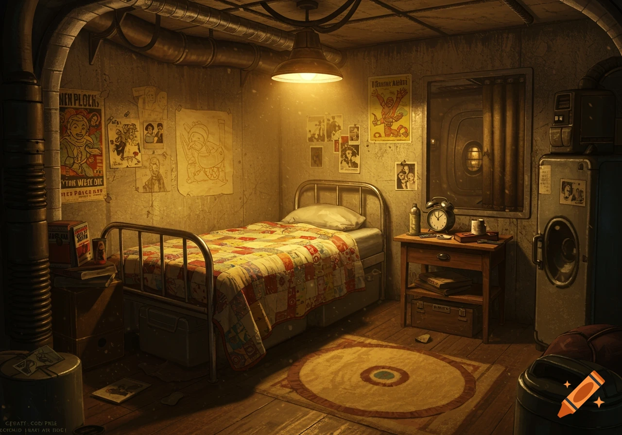 A detailed digital painting of a dimly lit, rundown post-apocalyptic vault bedroom with a bed, nightstand, and pipes.