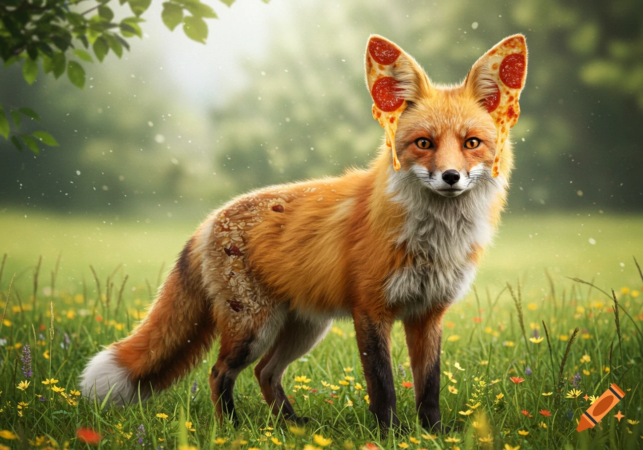 A photorealistic fox with pepperoni pizza ears and a granola-textured body stands in a grassy field with wildflowers.