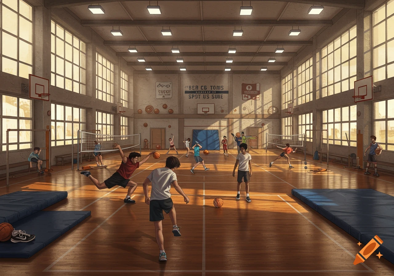 An illustrated scene of many students playing basketball and volleyball in a large, sunlit gymnasium.