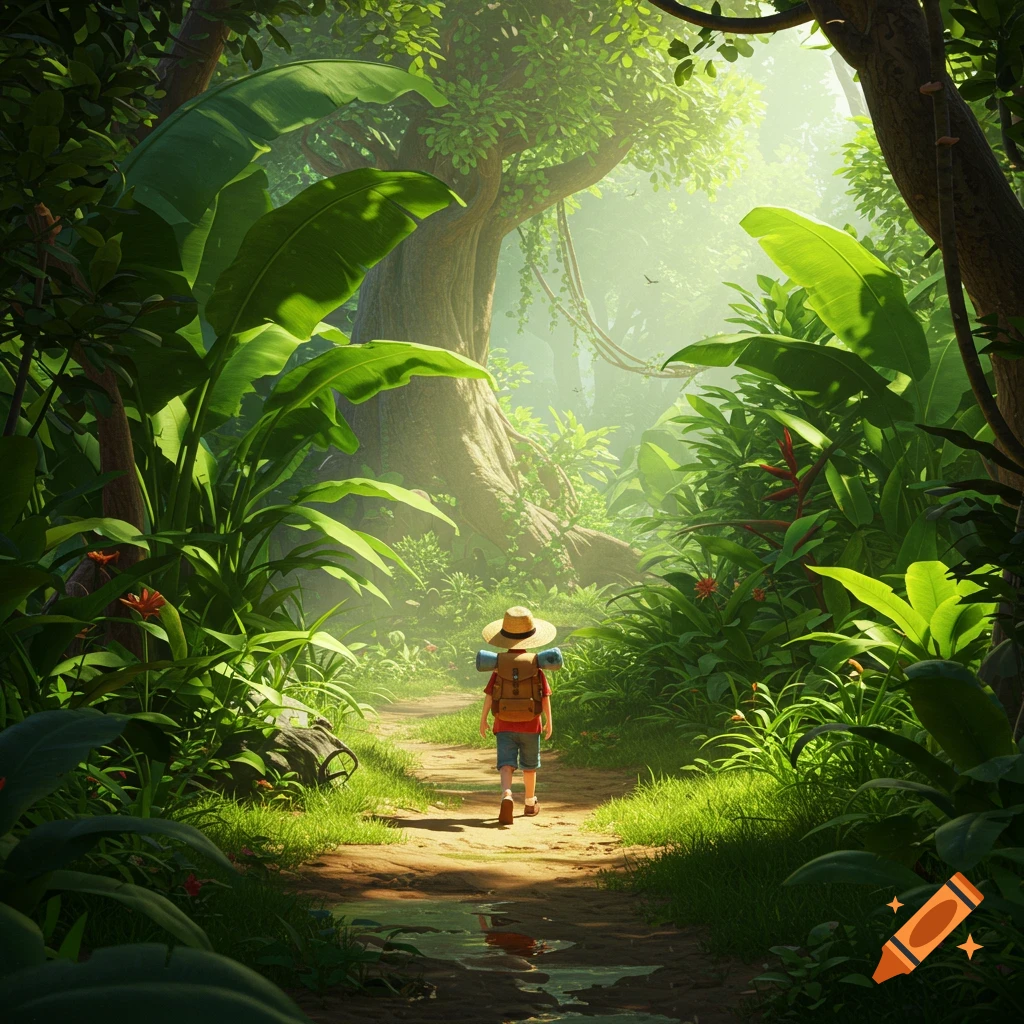 A boy with a hat and backpack walks on a sunlit path through a lush, vibrant jungle.