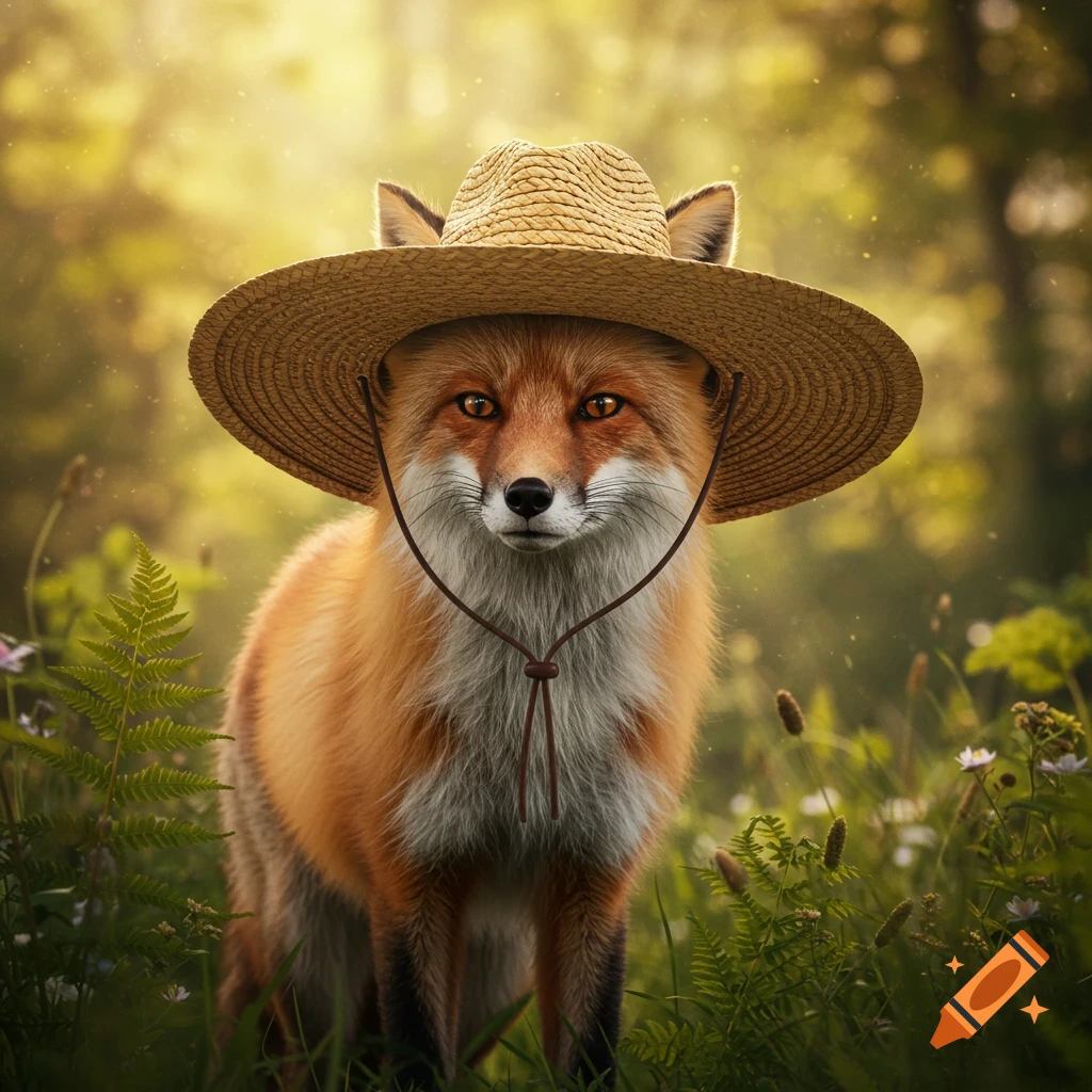 A photorealistic red fox wearing a straw hat stands in a sunlit forest clearing, looking directly at the viewer.
