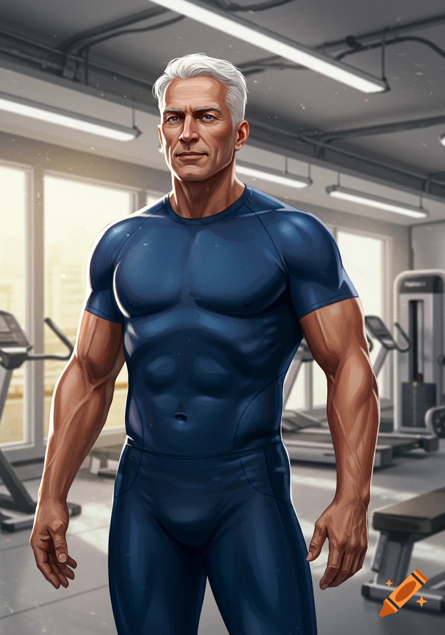 A muscular older man with white hair in a blue athletic outfit stands confidently in a gym, digital illustration.